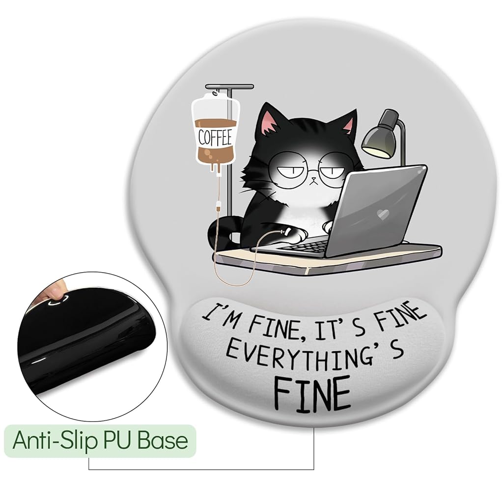 ZORBES® Mouse Pad with Wrist Support, Funny Cat Ergonomic Mouse Pad with Wrist Support I'm Fine Motivational Memo Design, Soft Gel Rest, Non-Slip Mouse Mat for Office & Home