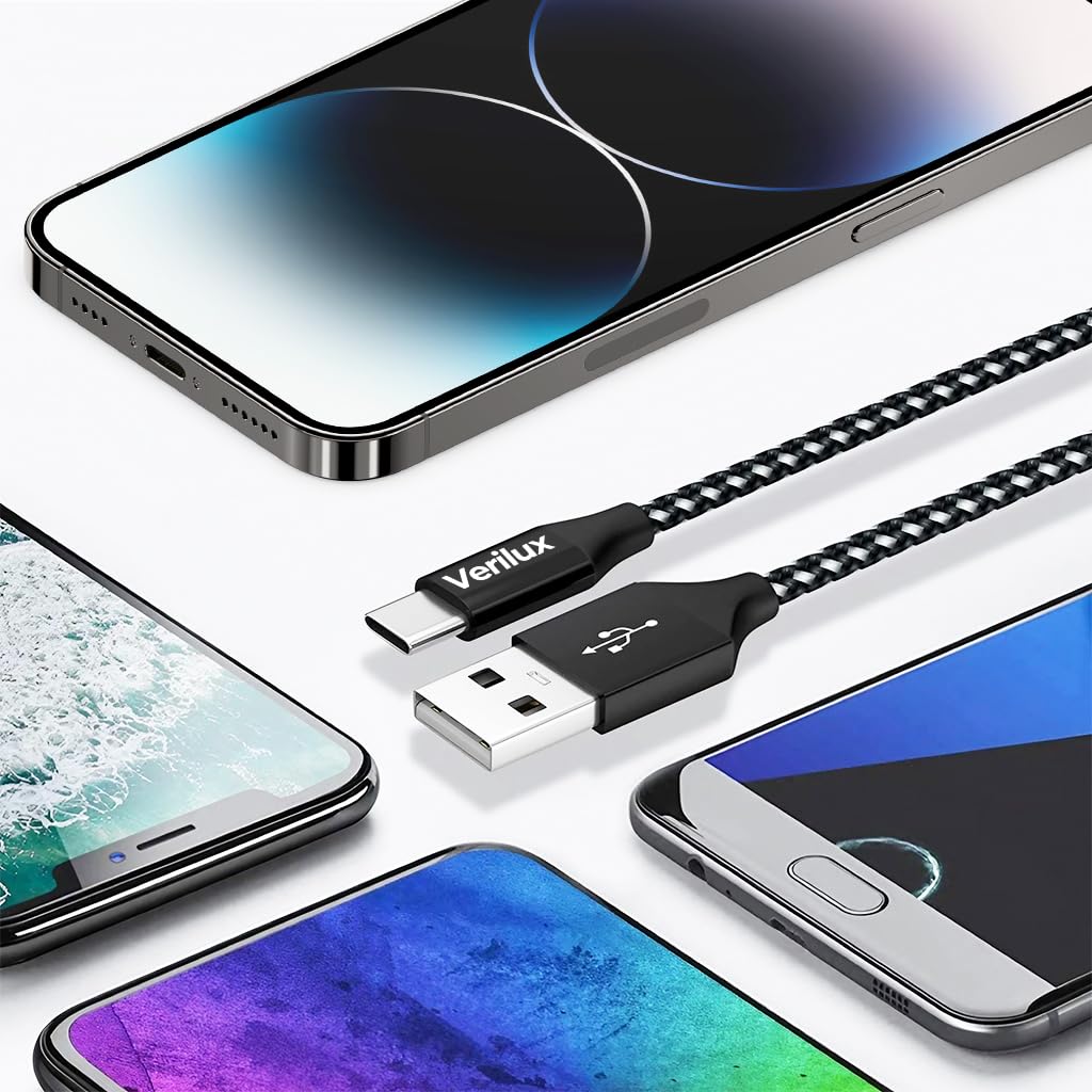 Verilux Type C Cable for Fast Charging with 10ft Length and Nylon Braided Design | Black