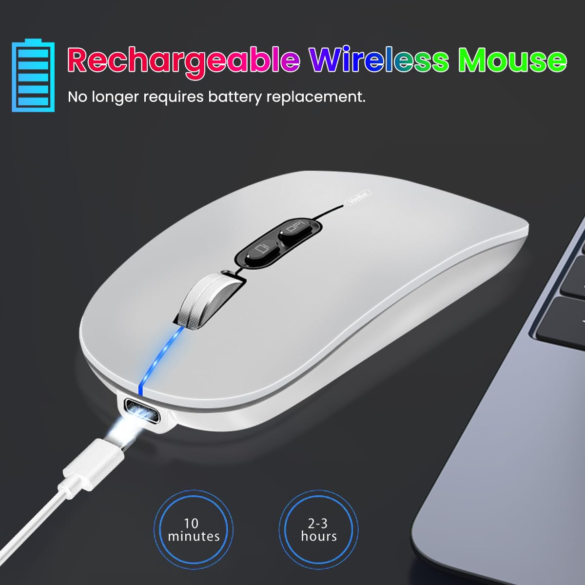 Verilux Wireless Mouse for Laptop with Rechargeable Battery and 3 Connection Modes | Silver 2PCS