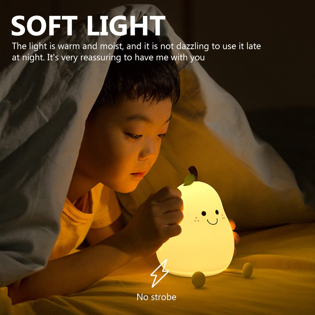 Verilux Cartoon Pear Night Lights for Kids Color Cute Smile Pear Night Light Soft Silione Lamp USB Rechargeable Nursery Night Light for Boys Girls Bedroom