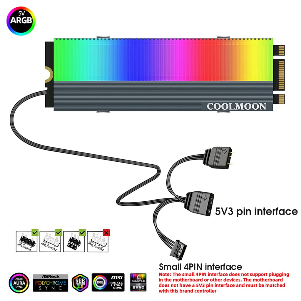 Verilux SSD Aluminum Cooler 5V ARGB M.2 2280 Heatsink SSD Aluminum Cooler for PCIE NVME NGFF or SATA 2280 M.2 SSD, Motherboard LED RGB Lights with Silicone Thermal Pad and SSD Not Included