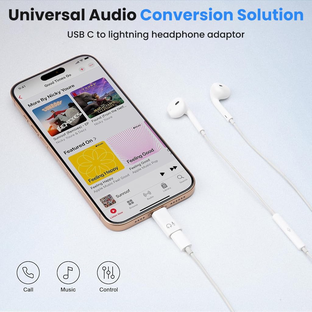 Verilux Light-ning to Type C Earphone Converter for iPhone 17 16 15 with Aluminum Alloy Housing | Supports Hands-Free Calling and Volume Control