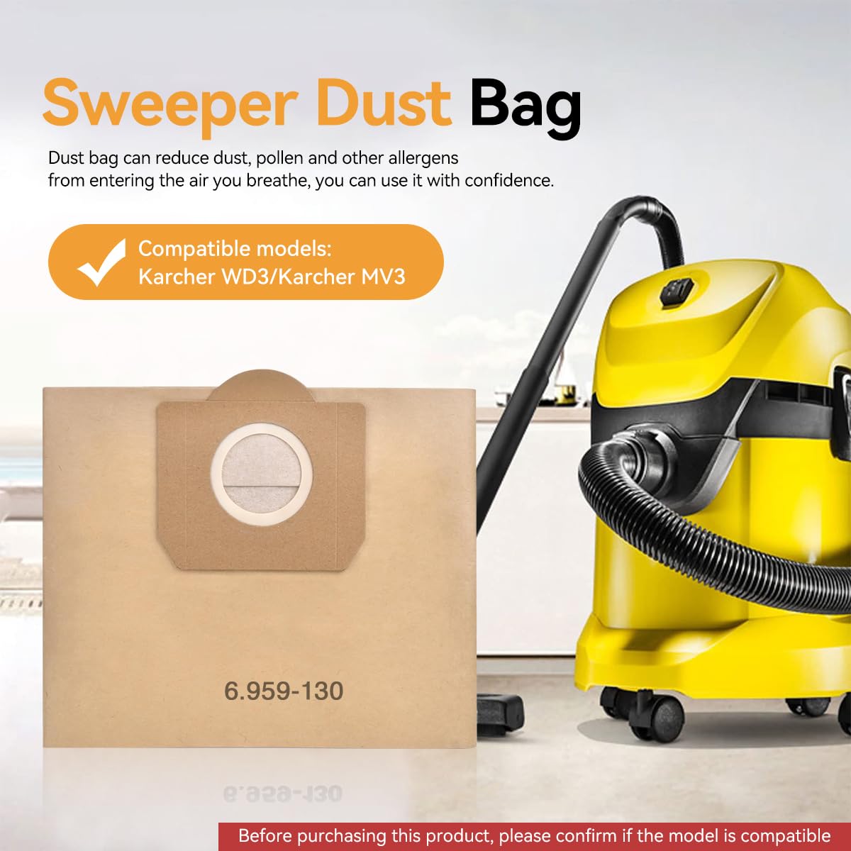 Verilux Vacuum Cleaner Dust Bags for Karcher WD3 MV3 featuring 6 Pack Paper Filter Design