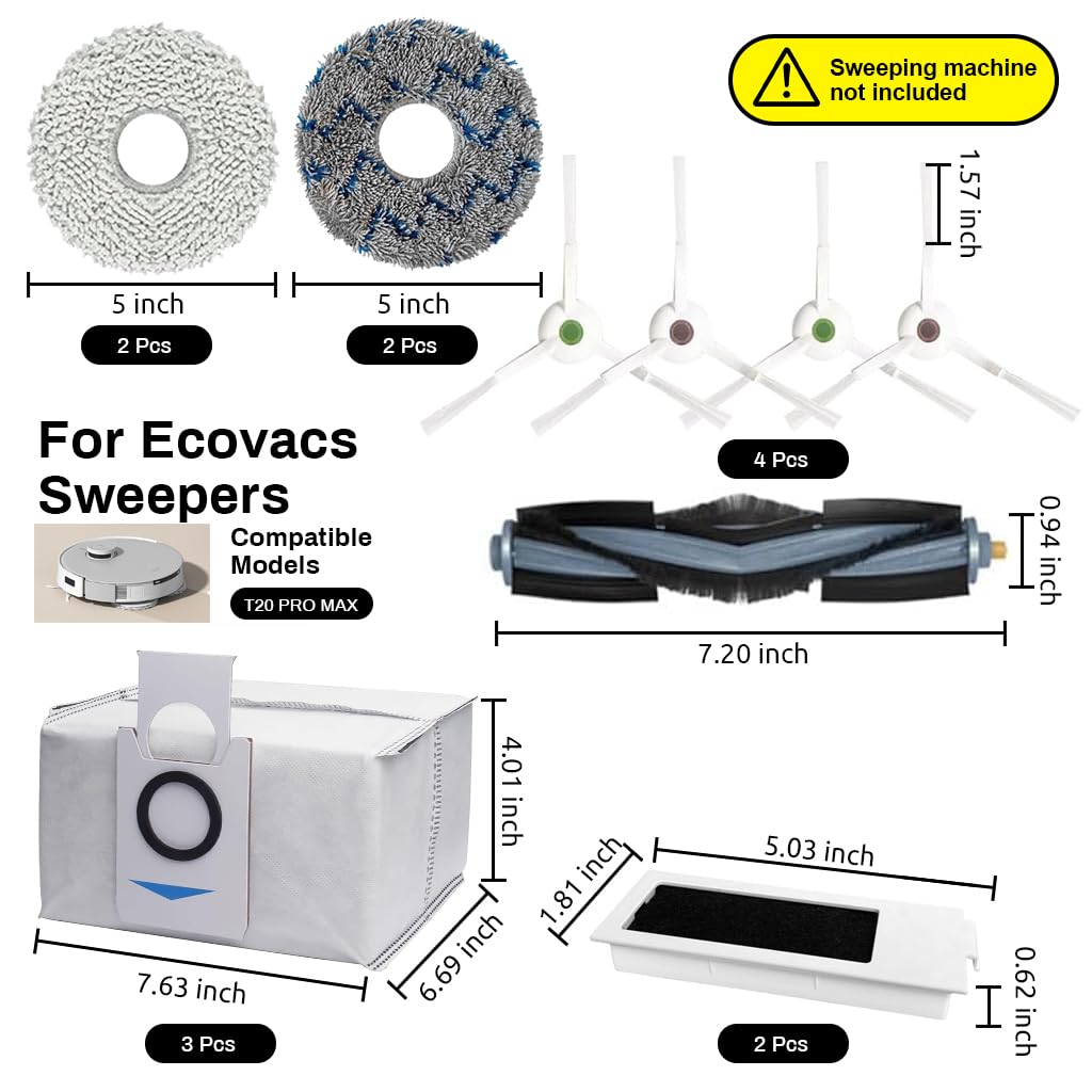 Verilux® 14Pcs Replacement Accessories for ecovacs deebot T20 Omni /PRO/MAX T20 Pro/Max Plus Robot Vacuum Accessorise Kit, 1 Main Brush, 4 Side Brushes, 4 Mop Cloth, 3 Dust Collection Bags, 2 Filters