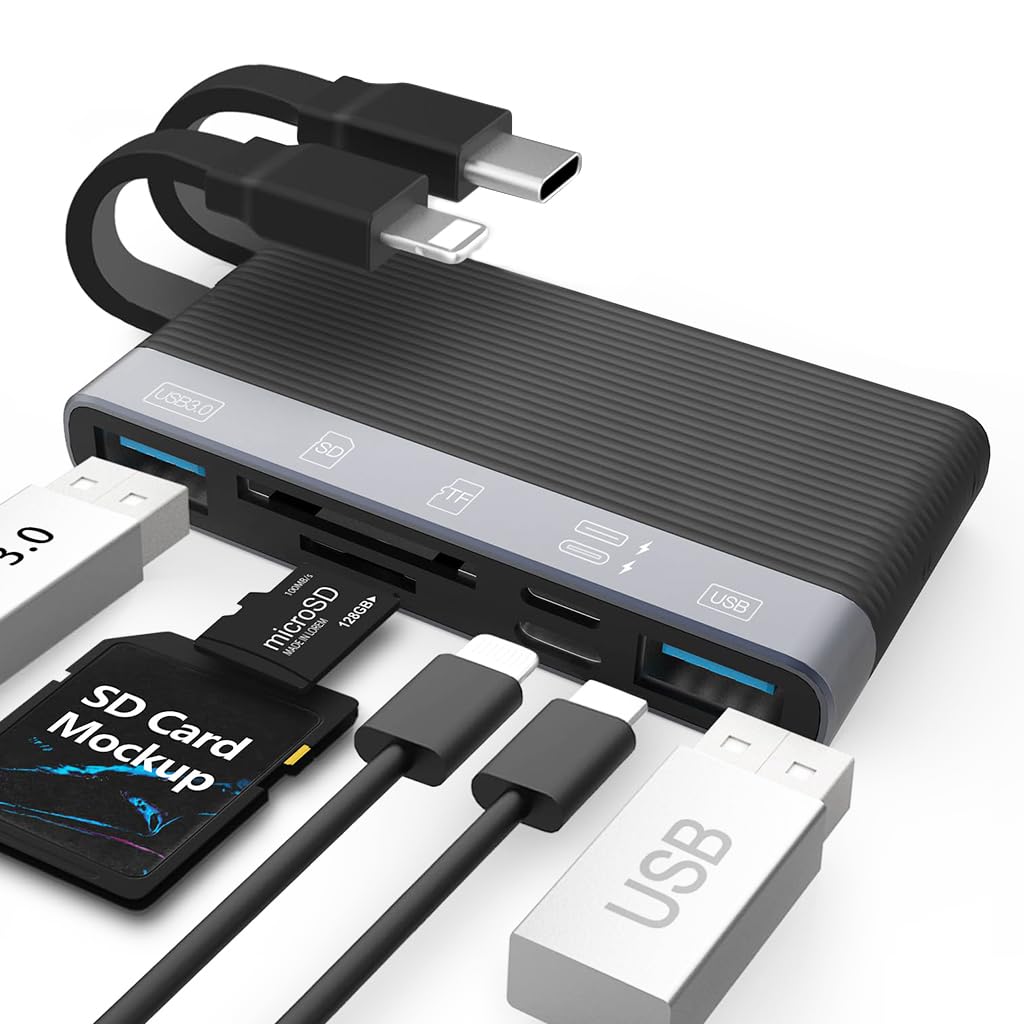 Verilux USB Hub Card Reader for iPhone and Laptop with 6 in 1 Ports featuring Dual PD Charging | Compact Portable Design