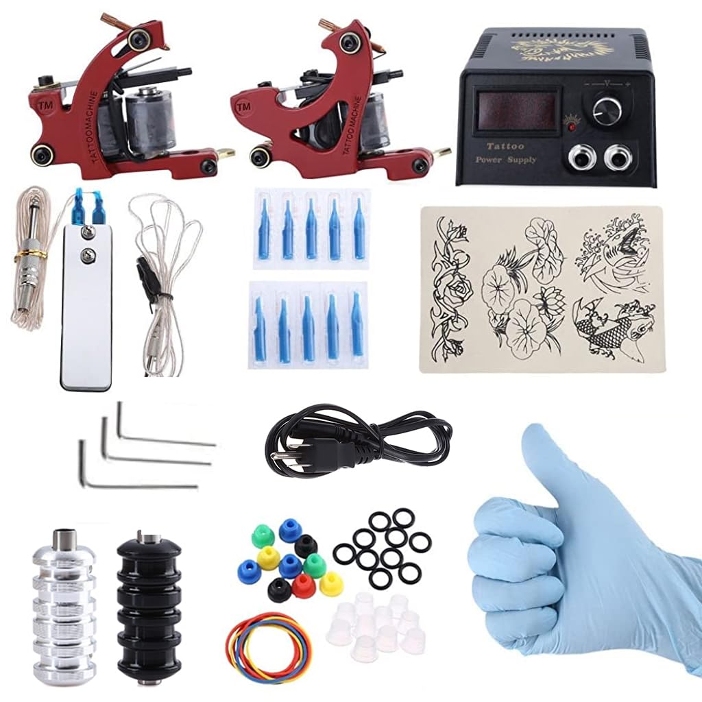 Verilux Complete Tattoo Kit with 2 Tattoo Machines Power Supply and Foot Pedal | Red Three Pin US Plug