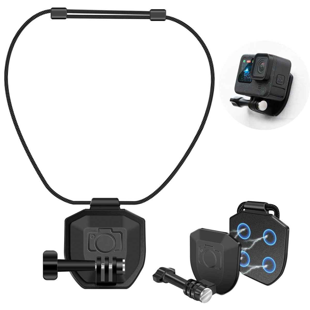 ZORBES® Magnetic Action Camera Neck Mount, Adjustable Nylon Cord Magnetic Neck Strap Mount, Hands-Free Filming POV View, Universal Compatibility
