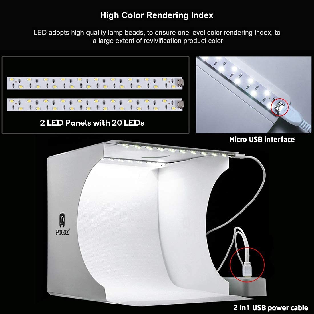 Verilux Photo Studio Light Box for Small Products with 2 LED Strips and 2 Backdrops | Foldable PET Softbox 23×22×24cm