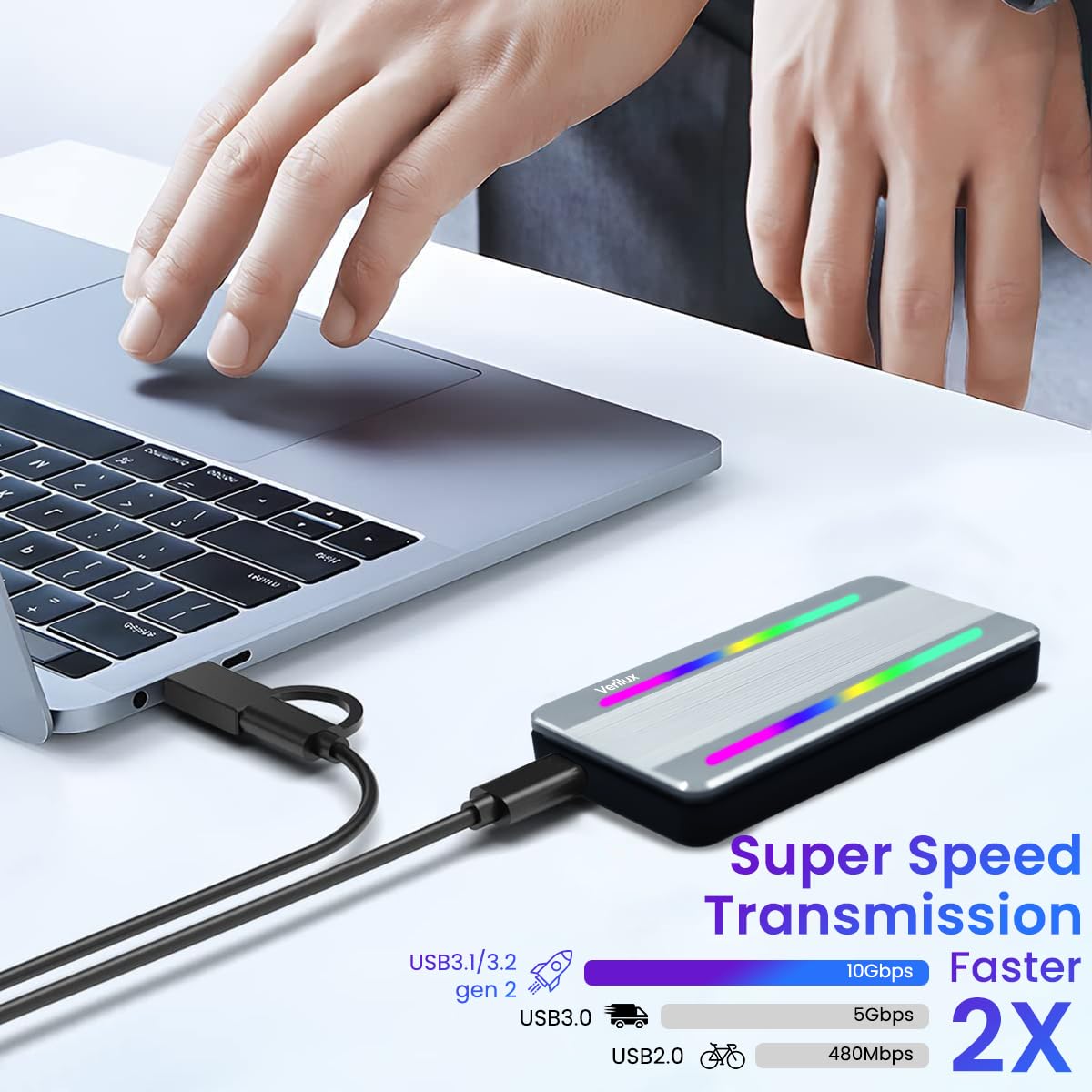 Verilux® M.2 NVMe SSD Enclosure with TYPE C Cable USB C External NVMe Enclosure RGB 10Gbps Aluminium Alloy M.2 SSD Enclosure USB 3.2 NVMe SSD Enclosure Supports M and B&M Keys Fits 2230 2242 2260 2280