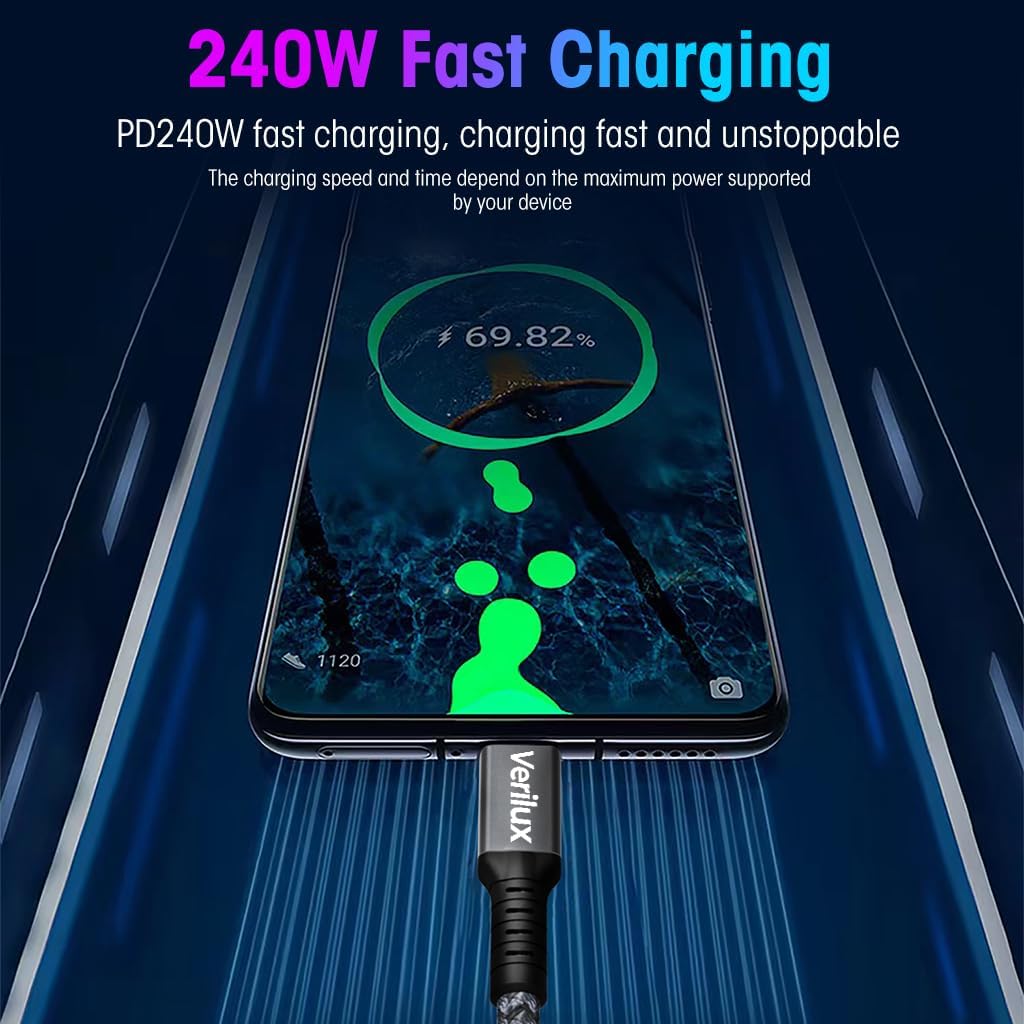 Verilux USB C Cable for Laptops and Phones with 240W PD Fast Charging | 4.9Ft USB4 Data Transfer
