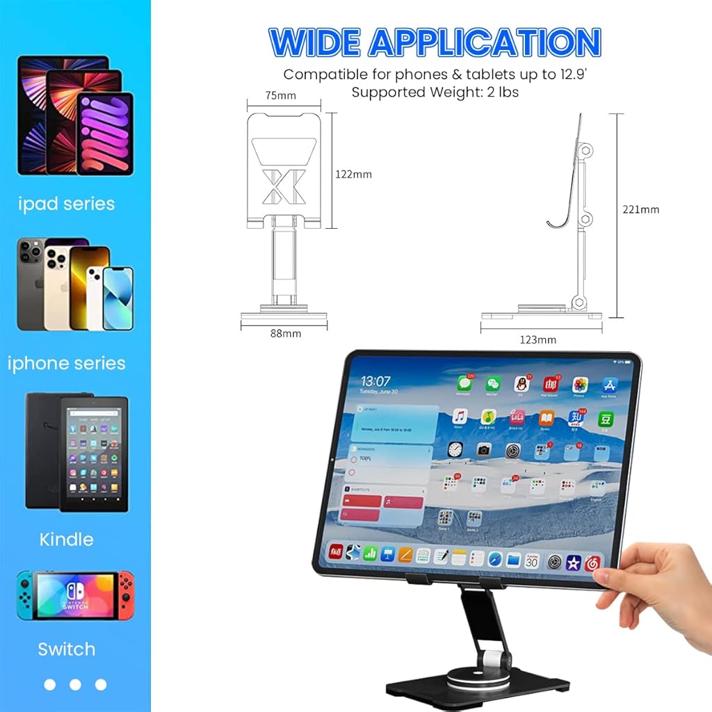 ZORBES® Mobile Stand for Table, Aluminum Mobile Holder for Table, Foldable Tablet Stands 360° Rotatable Phone Stand Holder Adjustable Height & Tilting for iPhone/iPad/Tablets, Most Devices in 4-12.9"