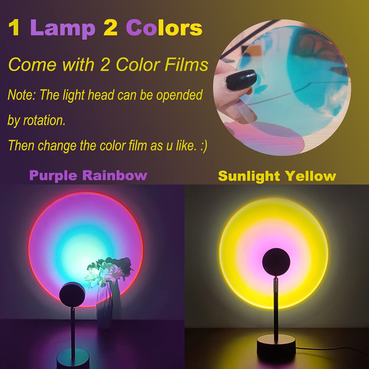 Verilux® Sunset Projector Lamp 180 Degree Rotation Sunset Projection lamp, LED Rainbow Projection Light Romantic Visual Led Projector Night Light with USB Modern Floor Stand Living Room Bedroom