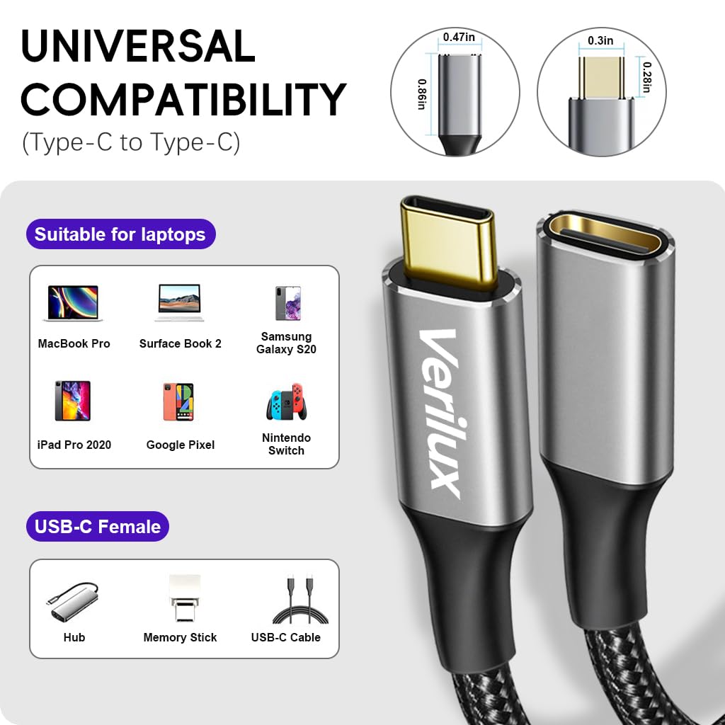 Verilux USB C Extension Cable 5M 16.4Ft with Smart Chip and Metal Connectors | Fast Charging for iPhone and MacBook
