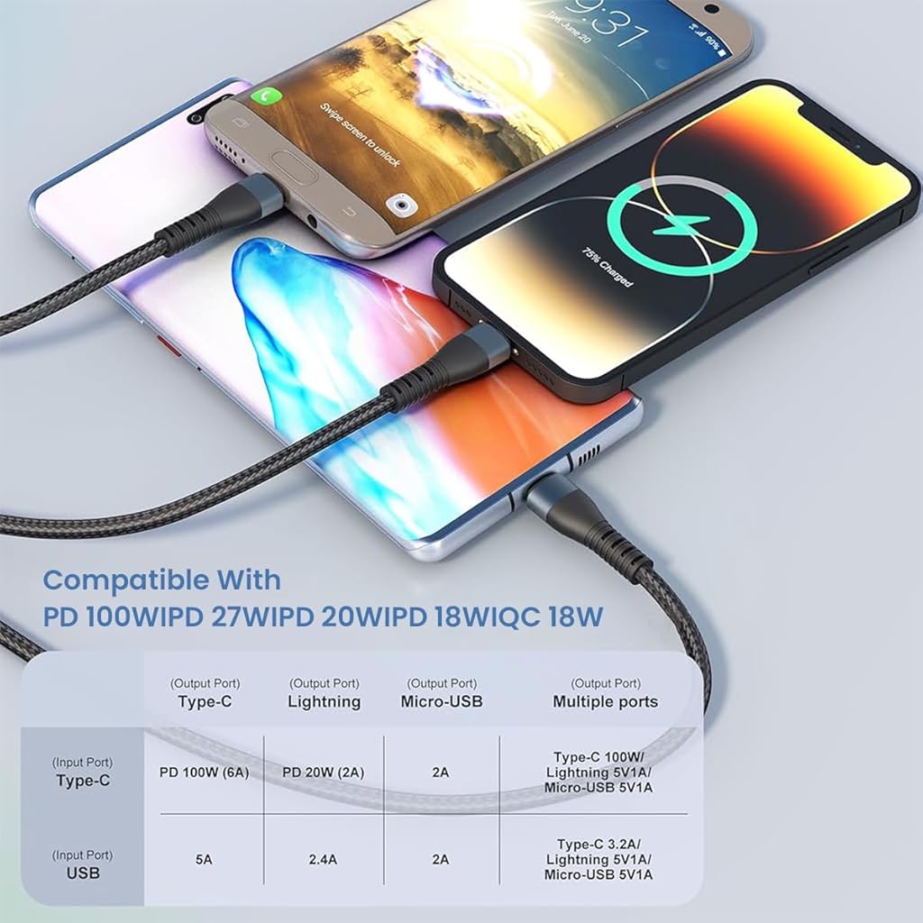 Verilux® Multi Charging Cable USB A/TYPE C Charging Cable 10Ft Nylon Braid Cable Support 100W Fast Charging 5 in 1 Multi Connector Charging Cable for iPhone 15 14 MacBook Pad Galaxy Android