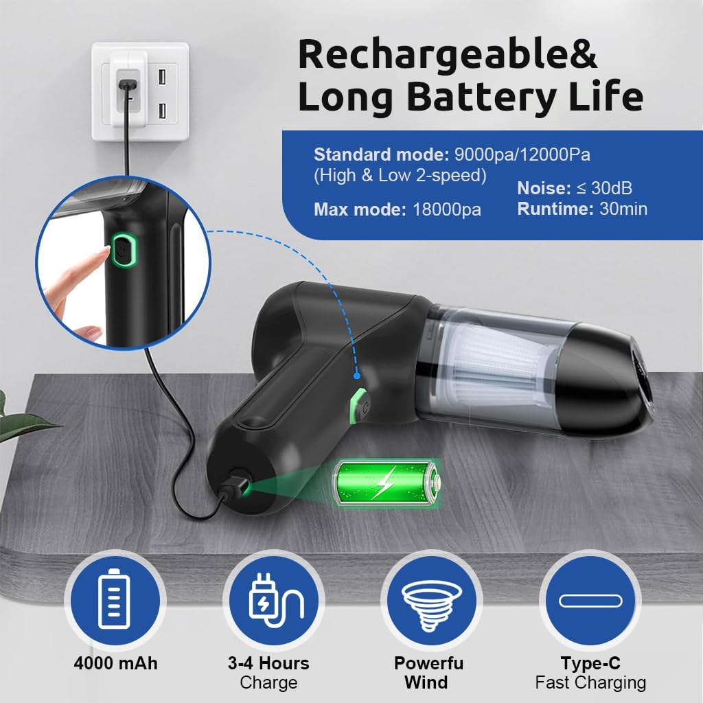 ZORBES® Car Vacuum Cleaner-Wireless Handheld Car Vacuums with Best Suction,Brushless Motor 19000PA High Power,3 in 1 Mini Portable Vacuum Cleaner Cordless for Home,Office,Kitchen,Cars