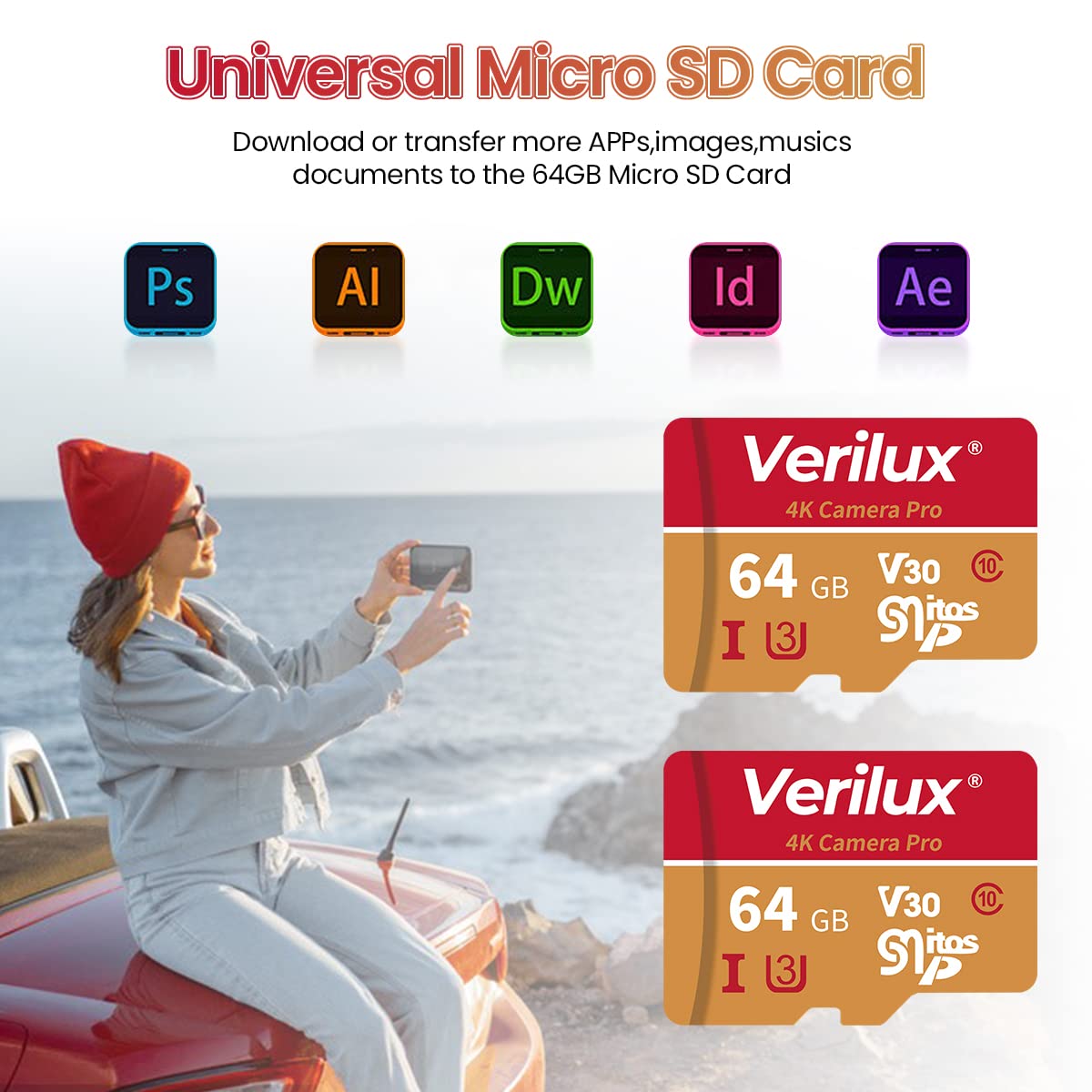 Verilux microSDXC Memory Card 64GB for 4K UHD Video with 80MB/s Read Speed | Waterproof