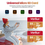 Verilux microSDXC Memory Card 64GB for 4K UHD Video with 80MB/s Read Speed | Waterproof