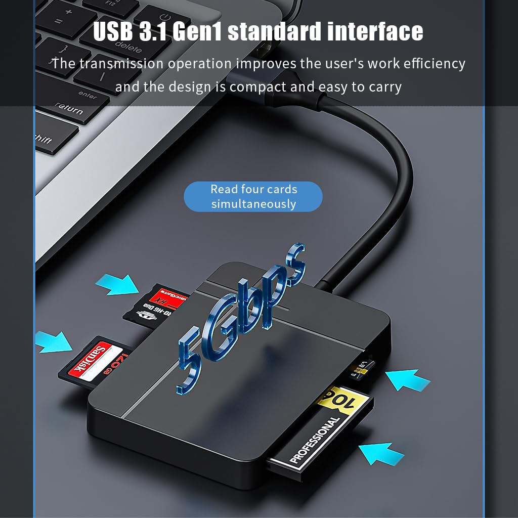 Verilux USB Card Reader for Photographers with USB C and USB3.0 | 4 in 1 5Gbps Slots