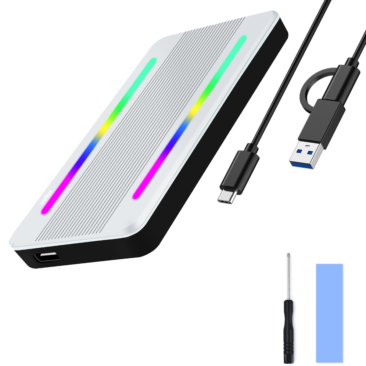 Verilux® M.2 NVMe SSD Enclosure with TYPE C Cable USB C External NVMe Enclosure RGB 10Gbps Aluminium Alloy M.2 SSD Enclosure USB 3.2 NVMe SSD Enclosure Supports M and B&M Keys Fits 2230 2242 2260 2280