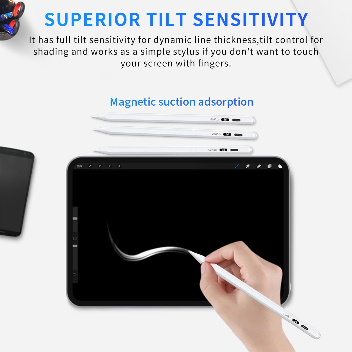 Verilux Stylus Pen for iPad 2018 and Later with LCD Power Display & Palm Rejection | Tilt Sensitivity