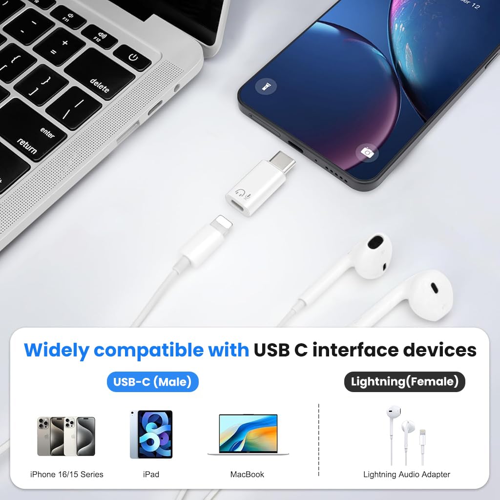 Verilux Light-ning to Type C Earphone Converter for iPhone 17 16 15 with Aluminum Alloy Housing | Supports Hands-Free Calling and Volume Control