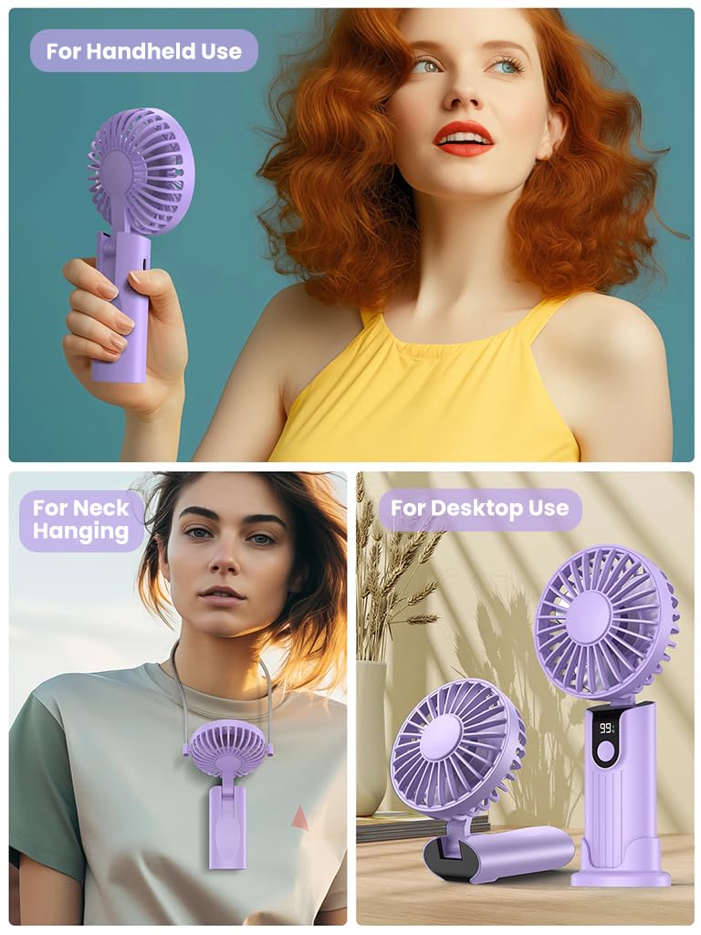 Verilux USB Handheld Fan for Travel and Office with 5000mAh Battery and Detachable Neck Strap | Purple Portable Cooling Fan