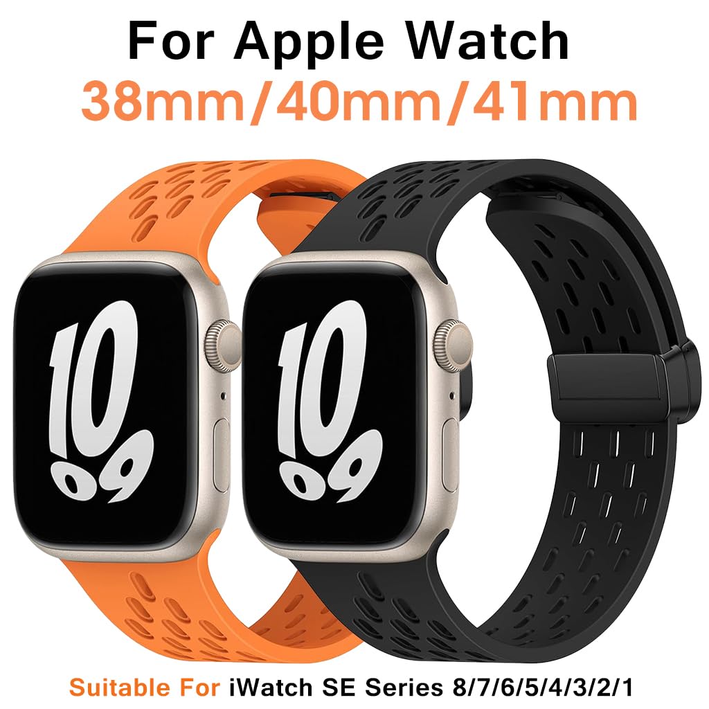 ZORBES® Watch Band 38mm Universal Watch Strap for Apple Watch 41mm/ 40mm/ 38mm Fashion Silicone Sport Wristwatch Band Adjustable Magnet Clasp Watch Band, 2pcs, Black & Orange