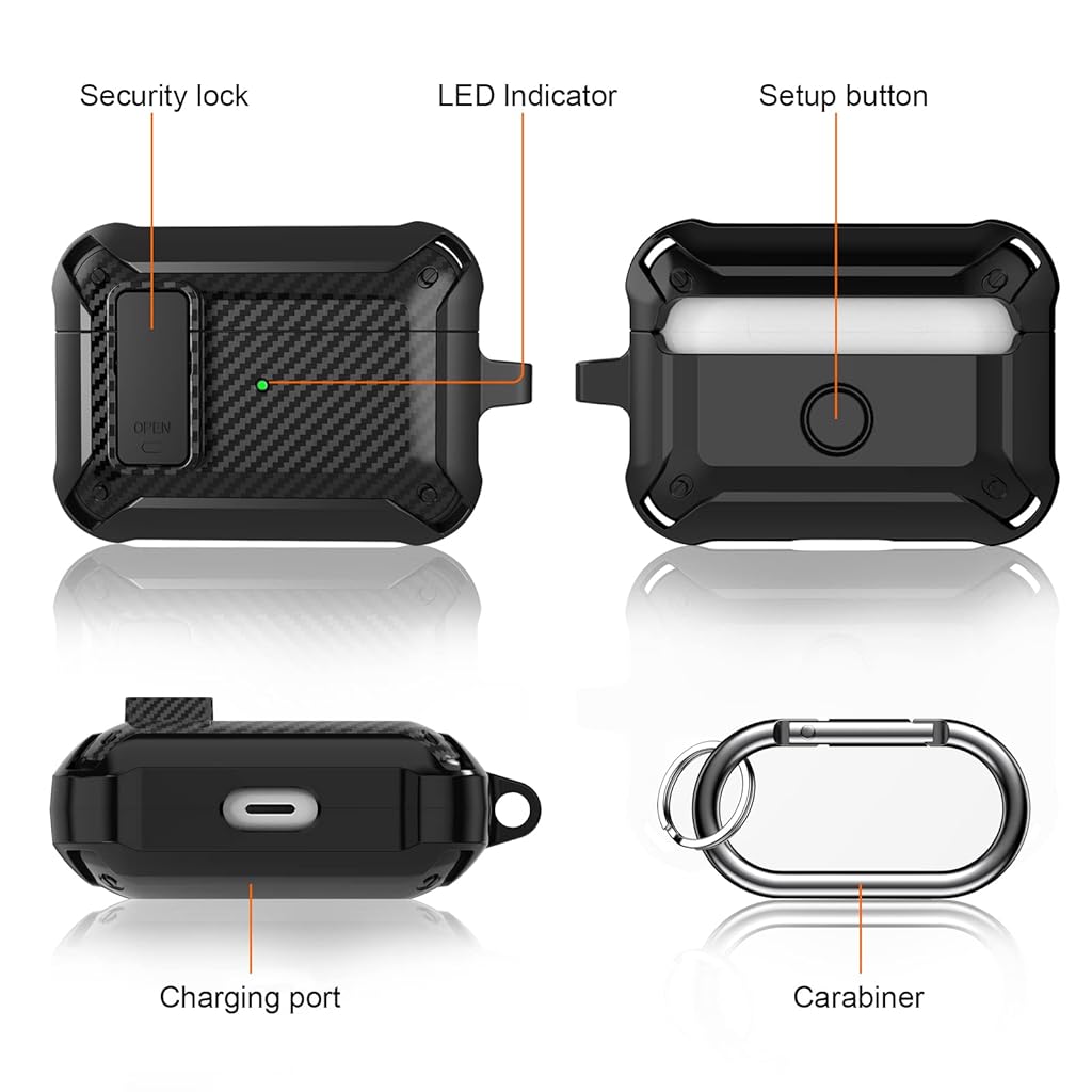 ZORBES® TPU Airpods Pro Case Fashion Carbon Fiber Design Airpods Pro Cover Airpods Pro Shockproof Case with Carabiner Support Wireless Charging,Black