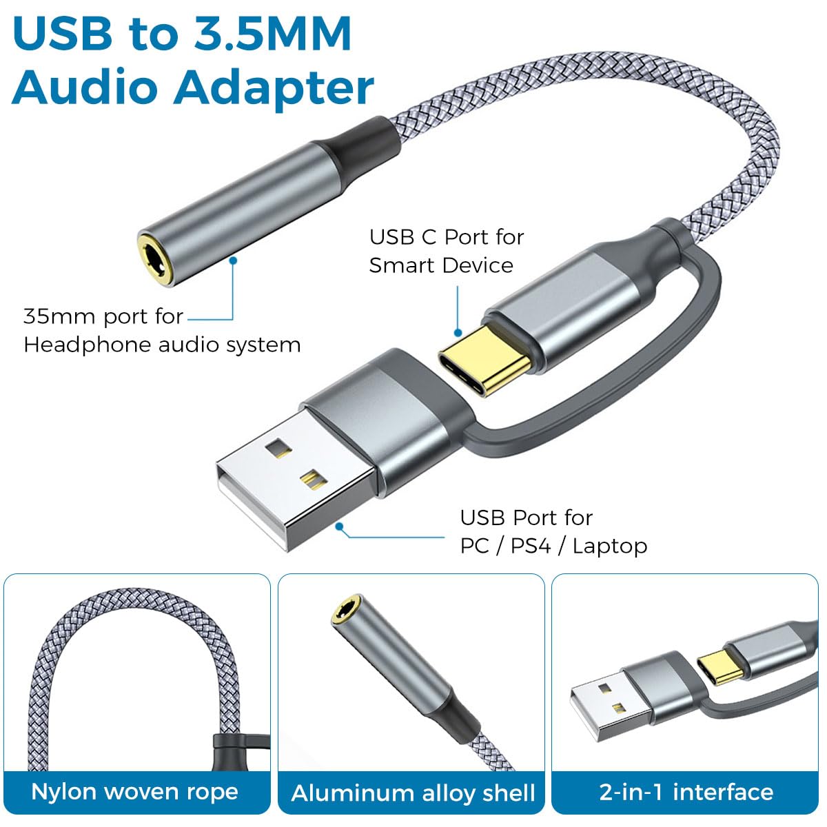ZORBES® USB to 3.5mm Jack Audio Adapter, 2 in 1 Type C to Aux Audio Jack with PD Fast Charging, USB to Aux Game Sound Card Game Audio Adapter for Galaxy S22 S21 Ultra 5G S20 S20+ Plus Note 20