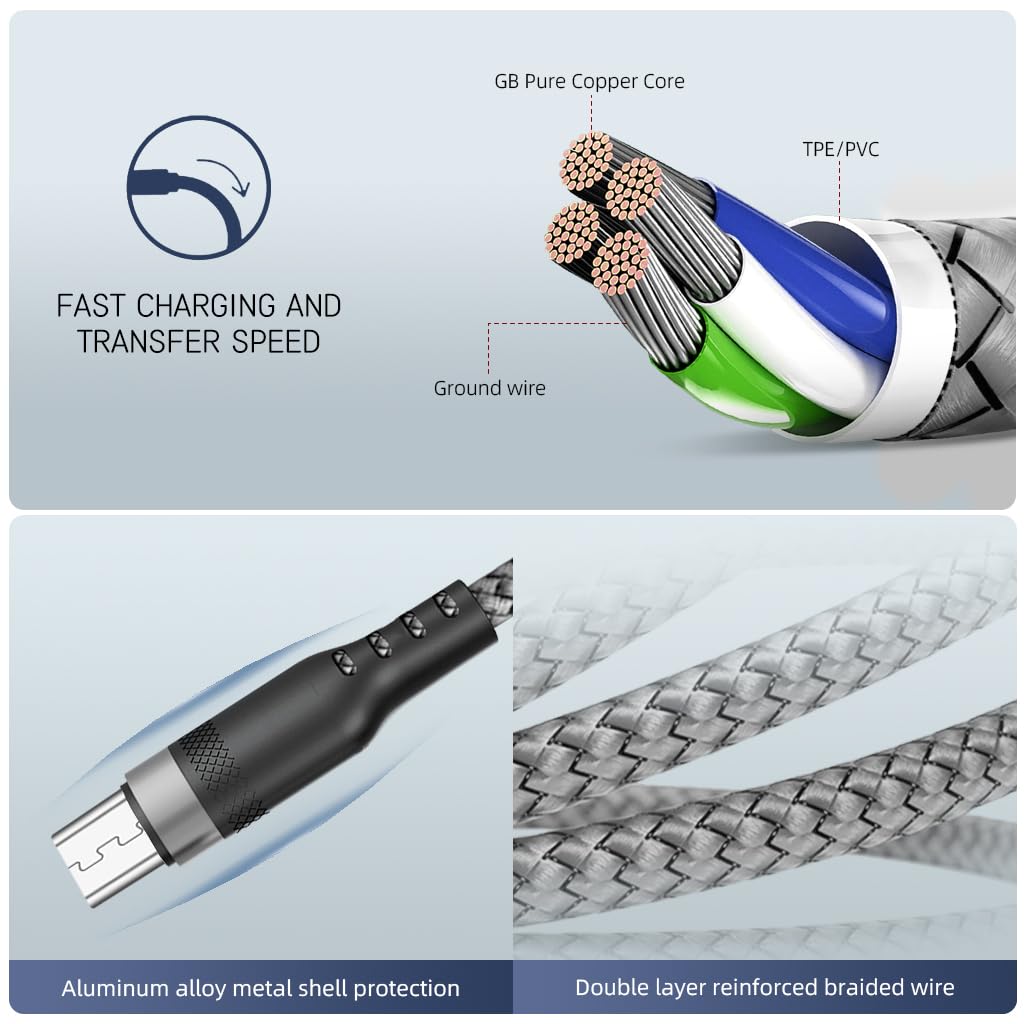 Verilux Micro USB Cable for Phone and Tablet featuring 10ft 3m Length and Nylon Braided Design