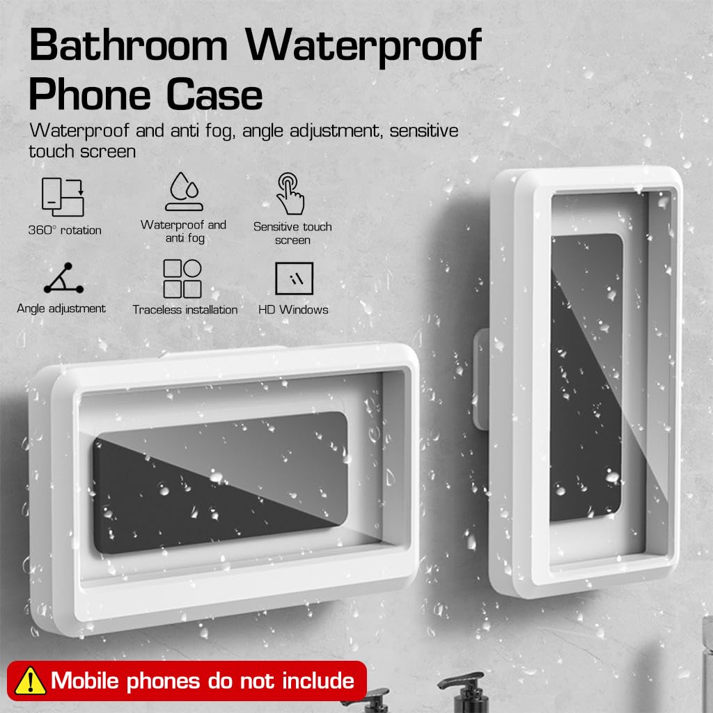 ZORBES® Waterproof Bathroom Wall Mount Phone Holder Case 360° Rotatable Phone Stand with HD Touch Screen Self Adhesive Installation Detachable Phone Holder for 6.8" Phone and Below