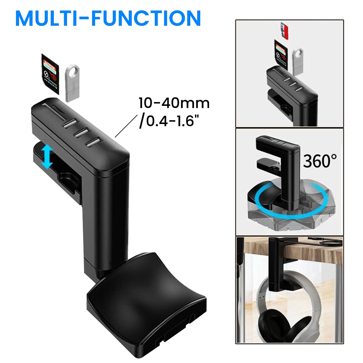 ZORBES® Headphone Stand with USB Cable, Tabletop Headset Headphone Hook Mount Headphone Stand with Data Transfer, USB Charging Support TF/SD, Under Desk Headphone Holder, PC Gamer Headset Holder