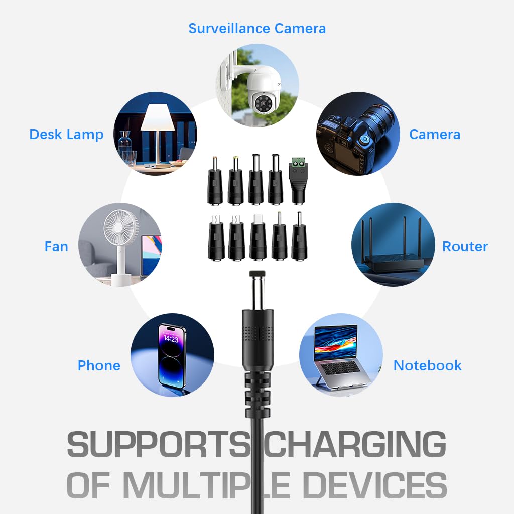 Verilux® USB C to DC Cable with 8 DC Connectors, 5V-20V Adjustable Power Design with Switch Button, 3.3Ft USB C to DC Converter Charging Cable for Notebooks, Portable Monitors, Stationary Routers