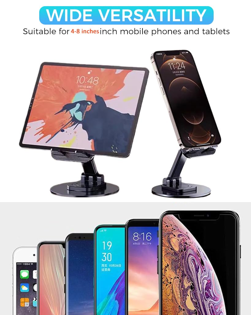 Verilux Aluminum Mobile Stand for Table with 360° Rotatable Design and 4.45 in Adjustment | Foldable Holder for iPhone and Samsung