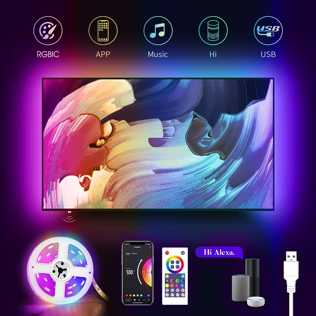 Verilux LED Light Strip for TV Background with Music Sync Bluetooth App Control | Works with Alexa and Google Assistant