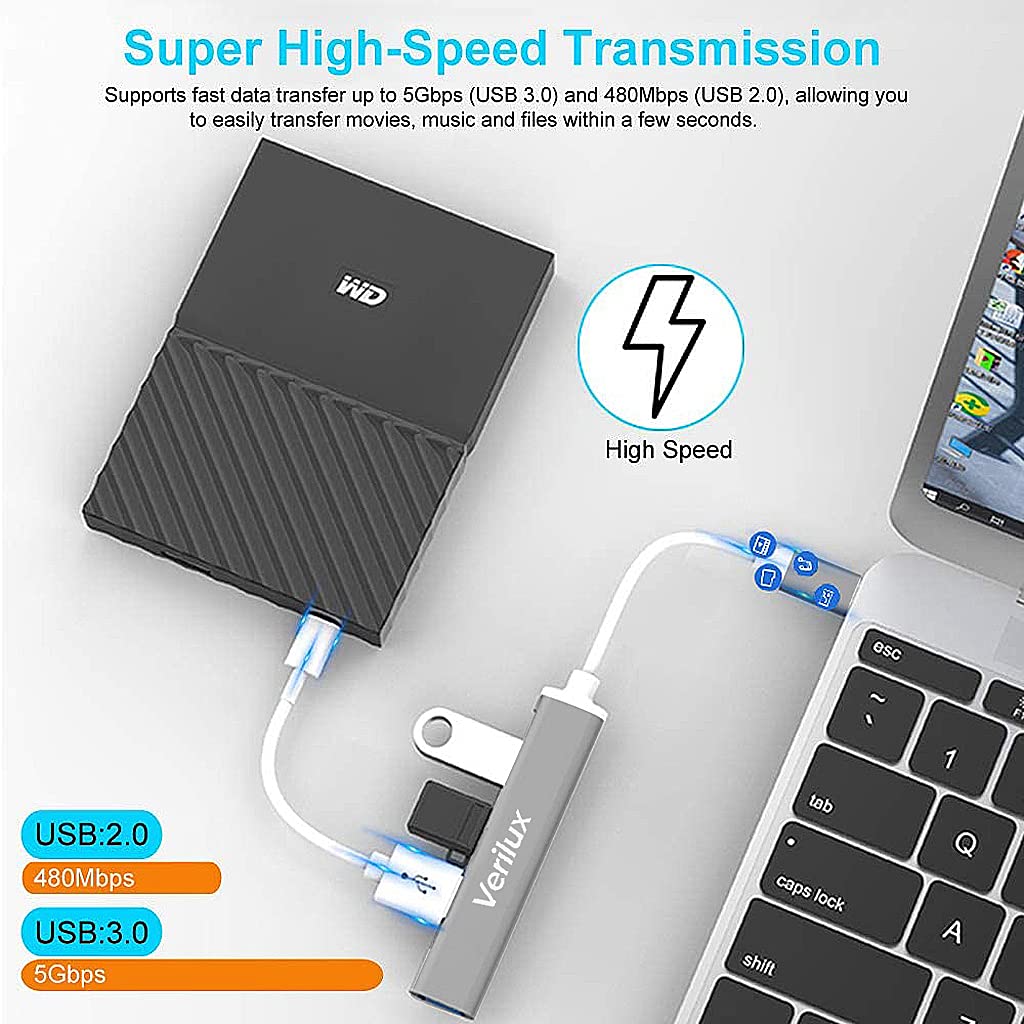 Verilux® USB C Hub, USB Hub with 4 USB Ports, High Speed Aluminum Type C Hub Compatible with MacBook, Windows, C-Type Smartphones and Other Type-C Devices (Space Grey,nonsupport MacBookAir M1) - verilux