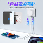 ZORBES® Dual Port 35W Power Adapter Charger Adapter for iPhone 13 iPhone 14 Apple MFi Certified Dual USB C Power Adapter Charger Adapter with USB C to USB C & USB C to Lightning Cable,White