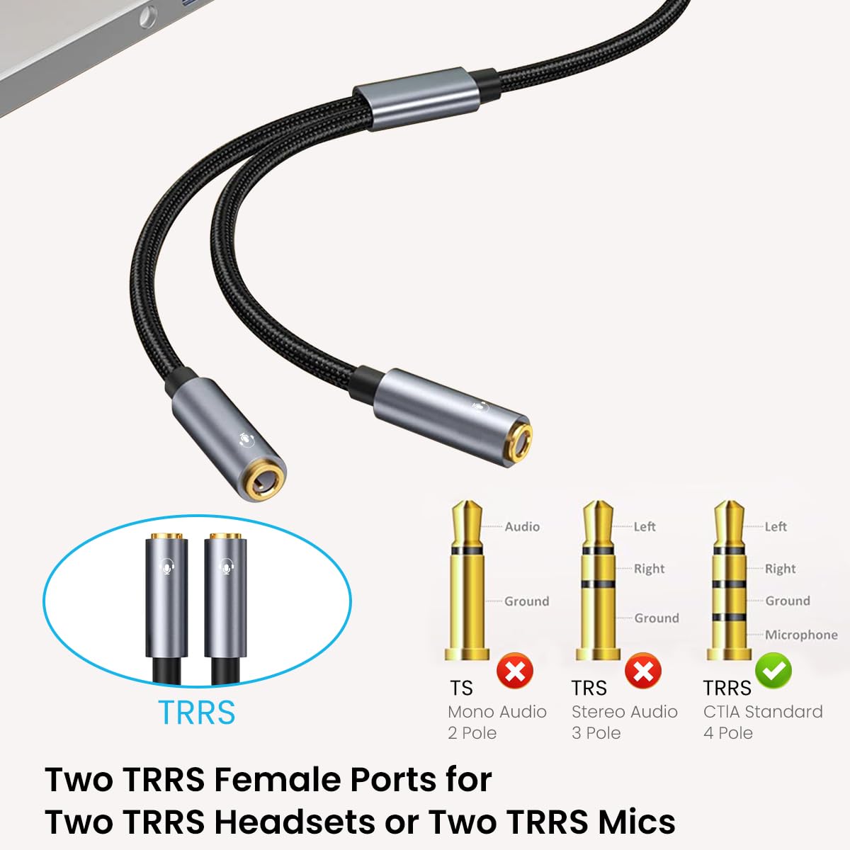 Verilux 3.5mm Audio Splitter Cable for PS5 and PC Headsets featuring Gold Plated Connector | 1.15ft