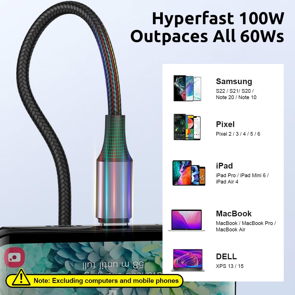 Verilux Type C to Type C Cable for Fast Charging with 6.6ft Length | Nylon Braided 100W