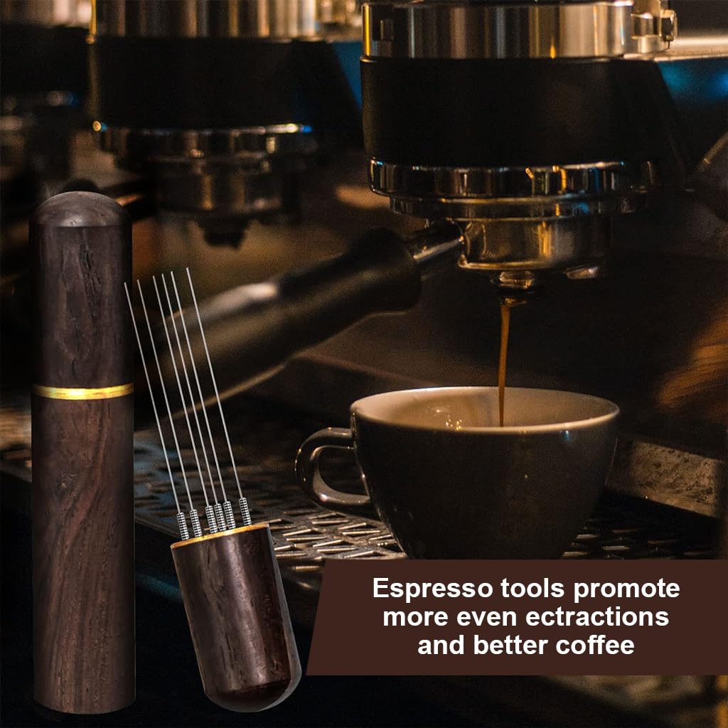 Zeitel® Espresso Coffee Stirrer Pin Tamper 6 Needles Ground Coffee Stirrer 0.4mm Fine Pin Tamper for Espresso Coffee Making Natural Ebony Wooden Handle Pin Tamper