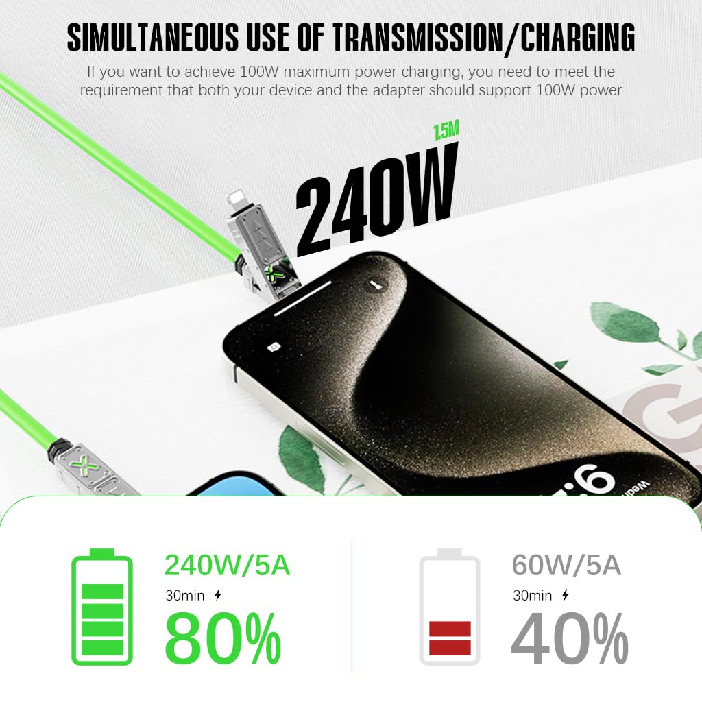 Verilux 4 in 1 Type C Cable for Fast Charging with E Marker & Breathing Light | 4.9ft Braided Zinc Alloy