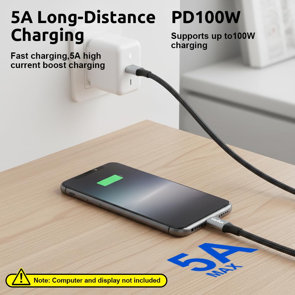Verilux USB C Extension Cable 0.5m for Fast Charging and 10Gbps Data | 4K HD Output