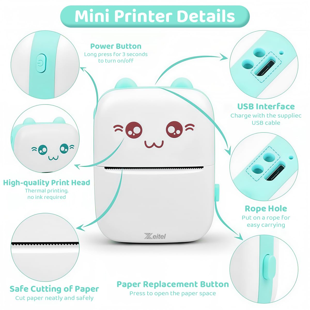 Zeitel® Portable Bluetooth Thermal Printer, Wireless Inkless Mini Printer for Android & iOS