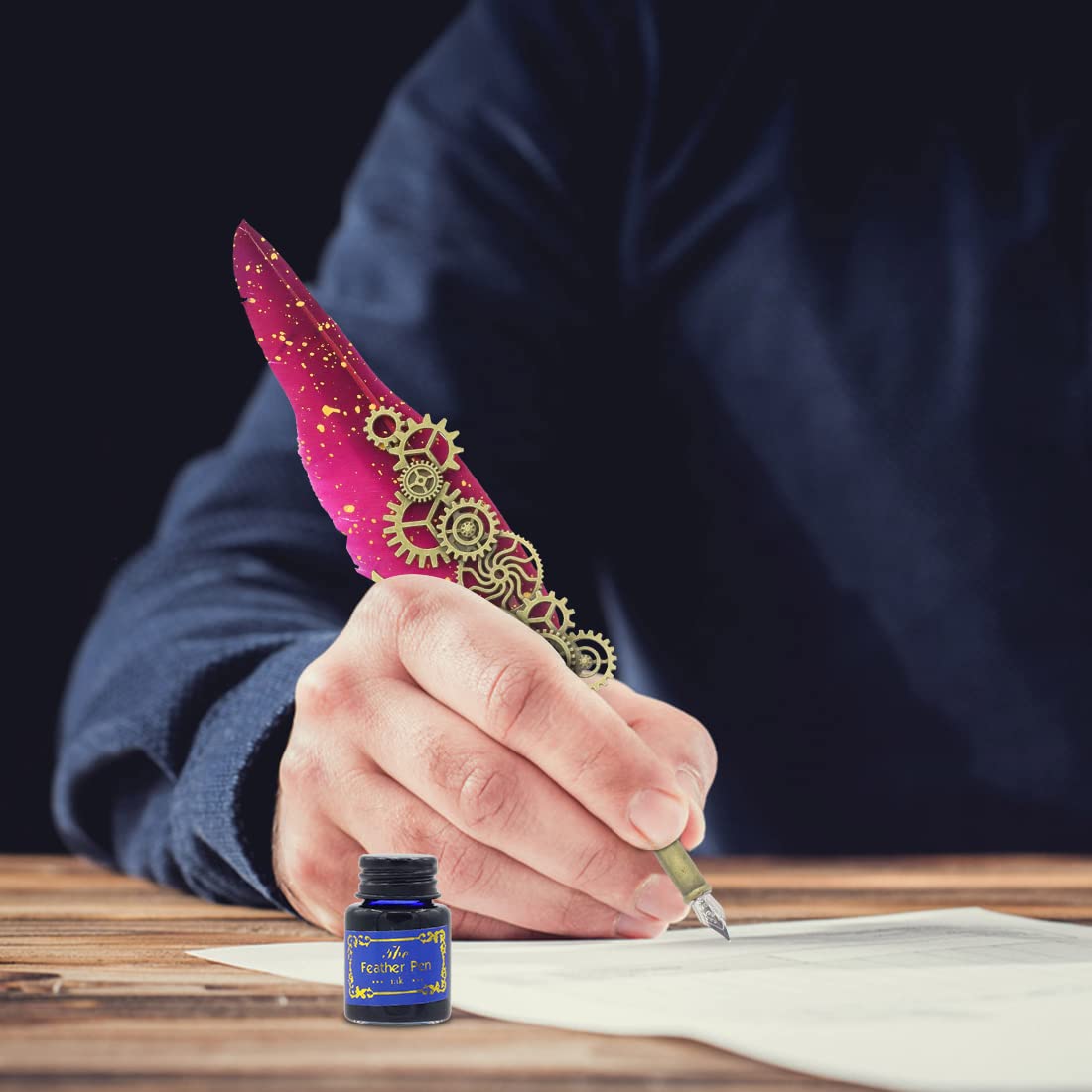 ZORBES® Red Mechanic Style Quill Calligraphy Feather Pen and Blue Ink Set with 2 Replacement Nibs and Pen Holder, Vintage Signature Fountain Pen Dip for Gift