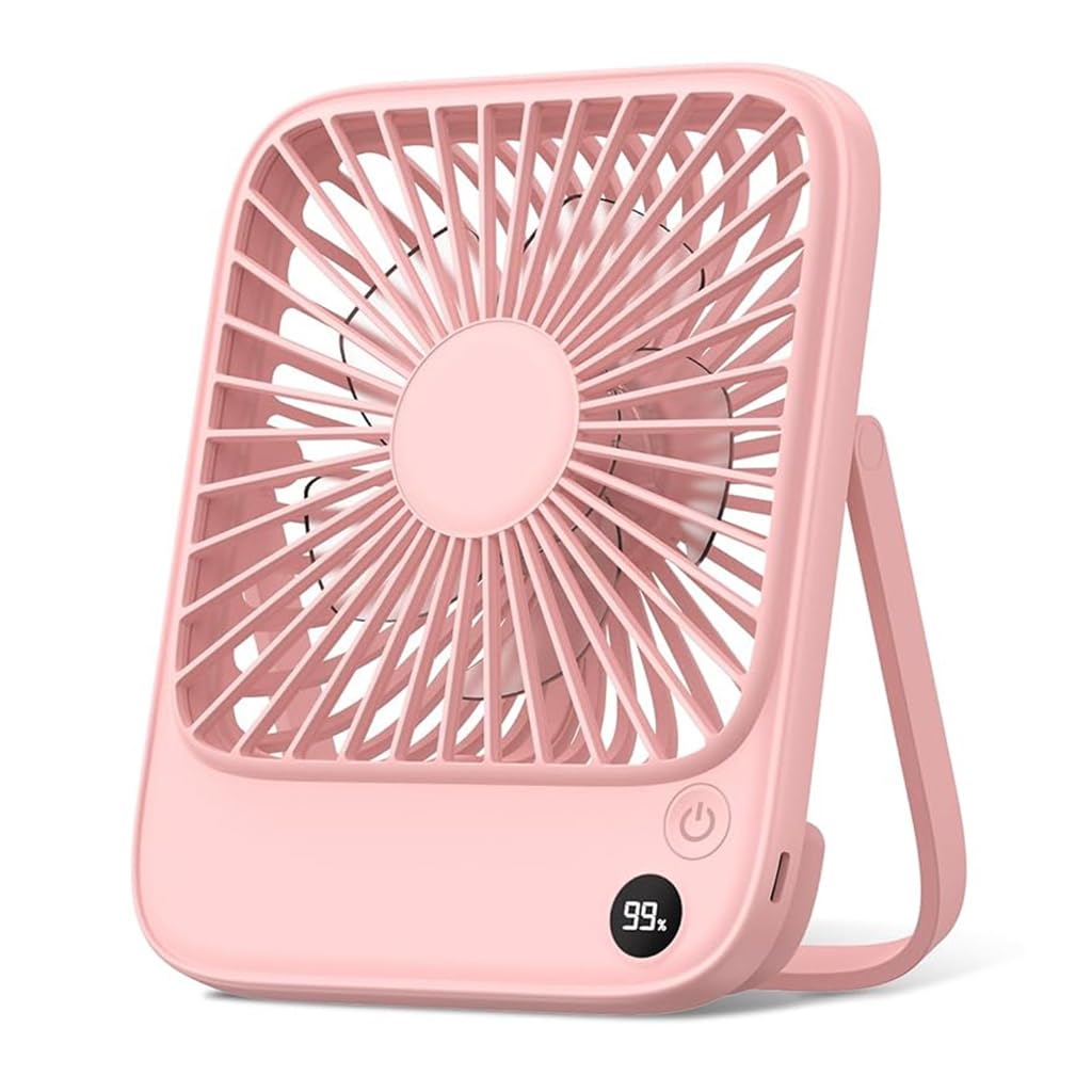 Verilux USB Fan for Desk and Travel featuring Kickstand and 4-Speed Airflow | 5000mAh Rechargeable Pink Fan