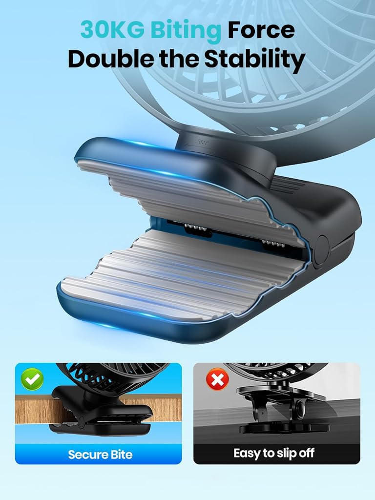 Verilux USB Desk Fan for Stroller and Desk with 5000mAh Battery featuring Clip and 4 Speeds