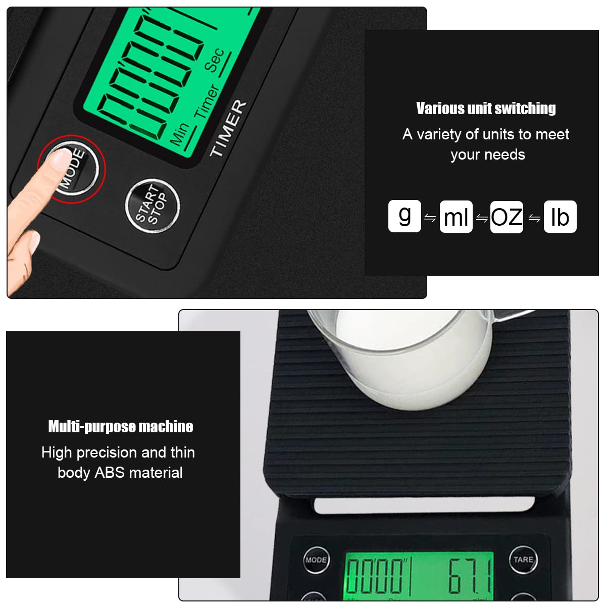 Verilux Digital Kitchen Scale for Coffee and Food with 3kg 0.1g Precision Sensor | Timer Function