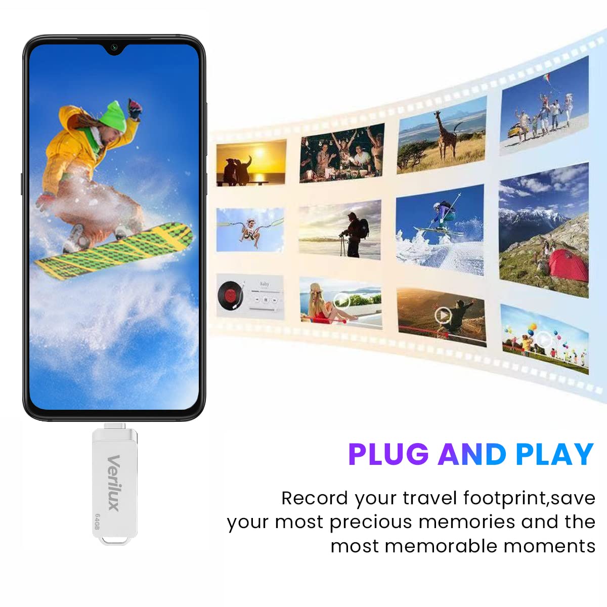 Verilux Pendrive 64GB for iPhone and Android with 3 in 1 USB A Type C Lightning Ports | Metal Mini Design