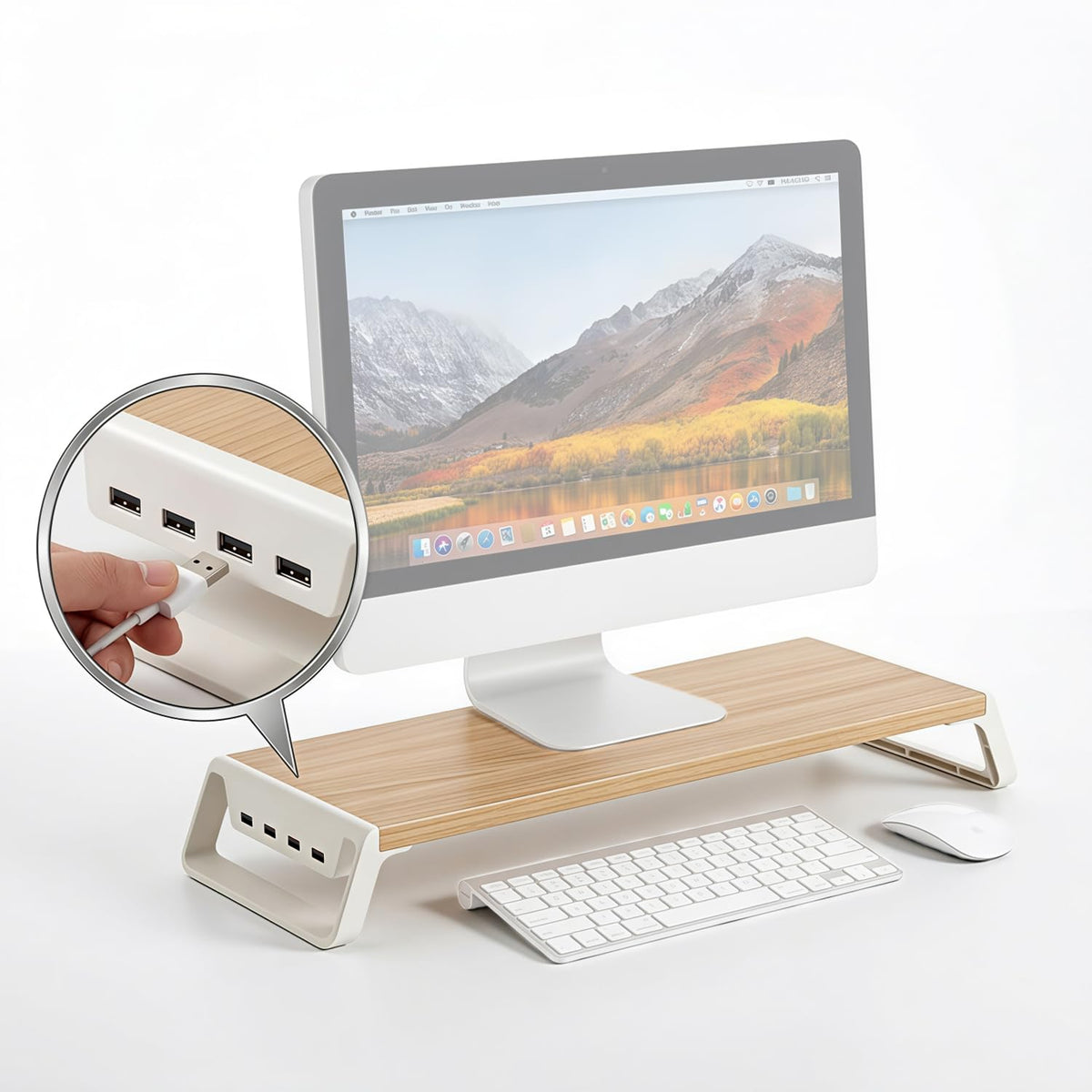 ZORBES Wooden Monitor Stand Riser with 4 USB Ports & Under-Desk Storage