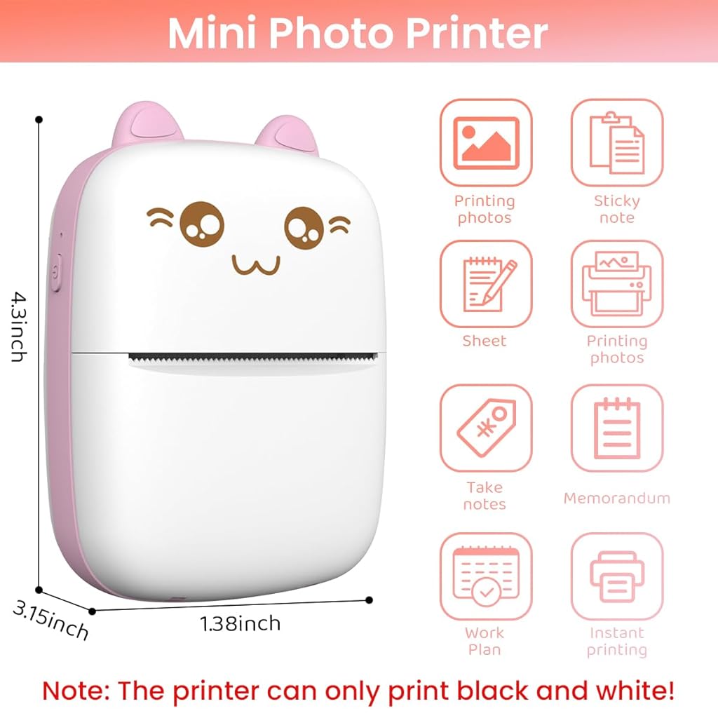 Zeitel® Mini Bluetooth Thermal Label Printer, Cartoon Label Printer Inkfree Photo Printer for Android & iOS System, Label Maker Black on White Thermal Printer with 1 Roll HD Print Paper & Stickers